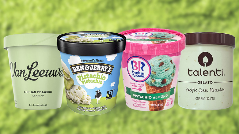 Pistachio ice cream containers against a green background