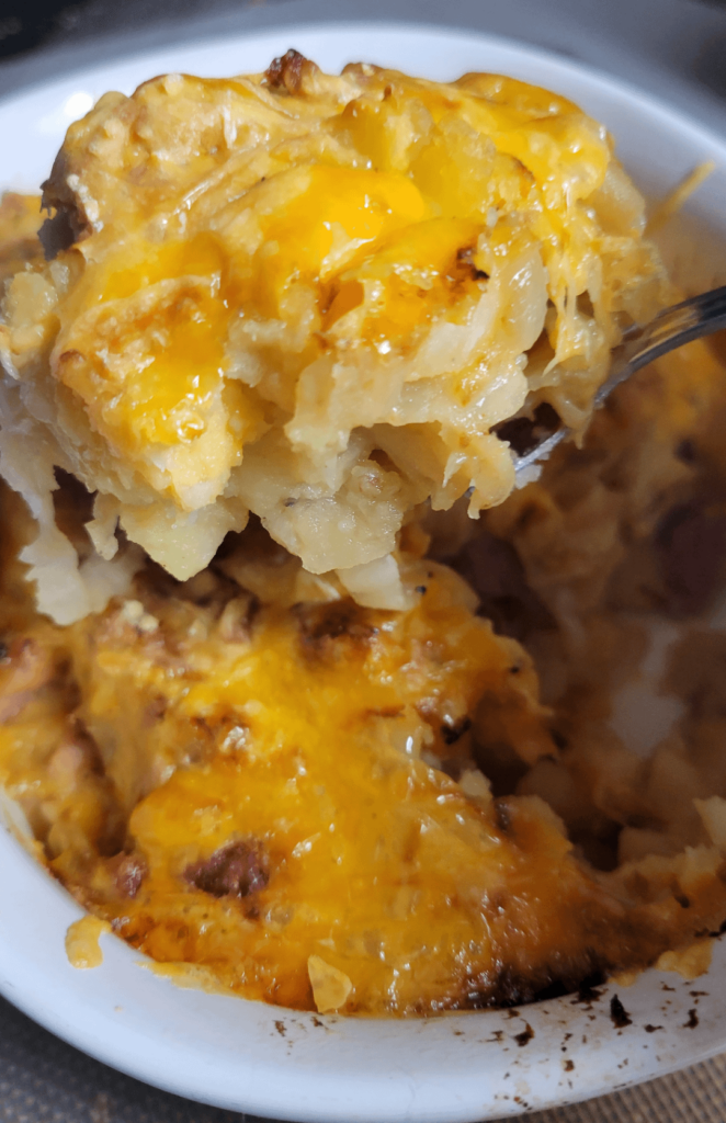Rumbledethumps/Bumble & Squeak (cabbage, potato, ham, and cheese casserole)