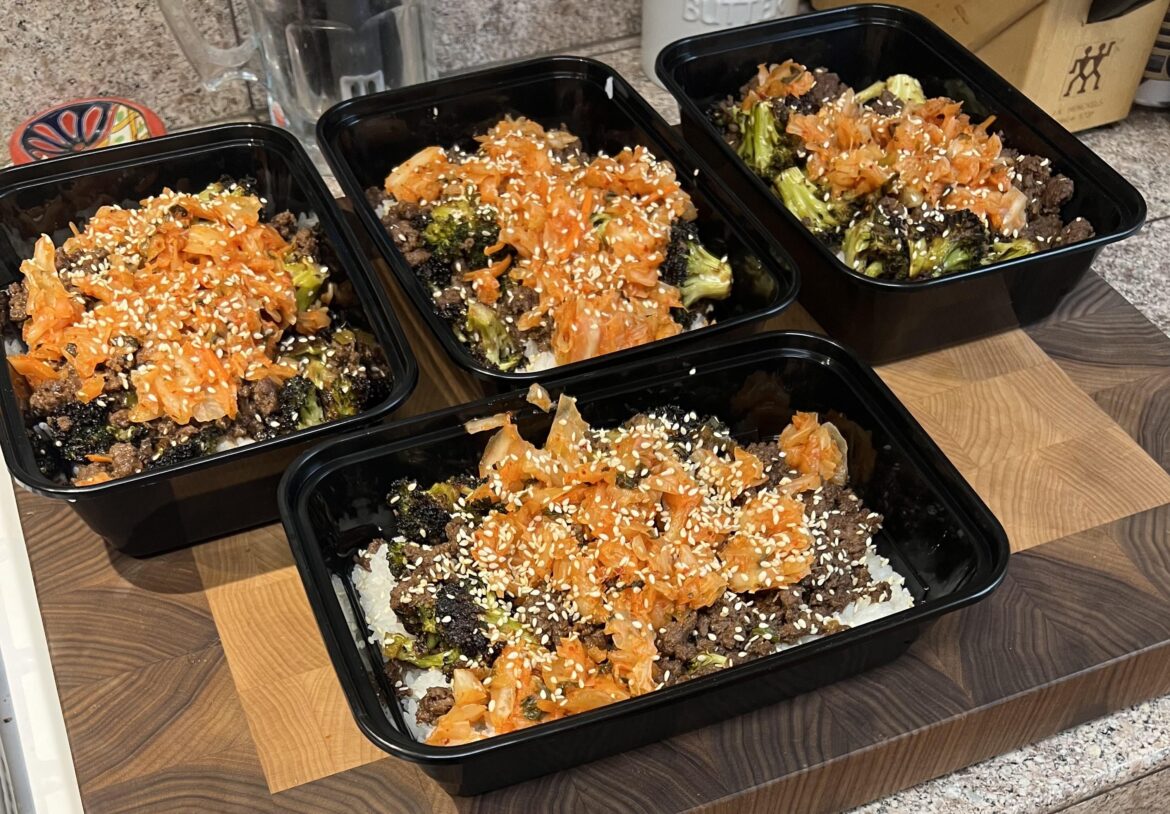 (ground) beef bulgogi with roasted broccoli and kimchi over white rice.  Lunch this week