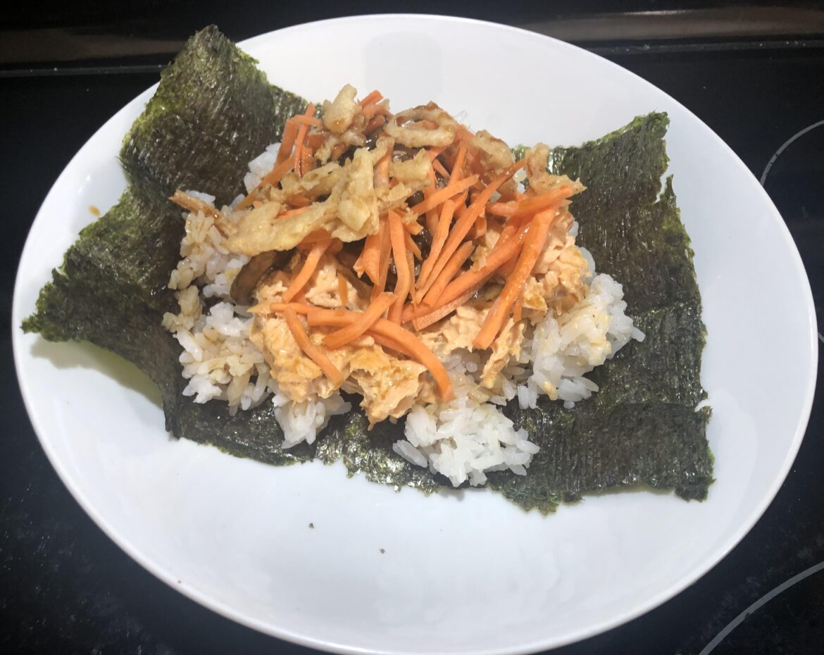 Deconstructed Spicy Salmon Hand Rolls with sesame mushrooms, carrots, cucumber & crispy fried onions