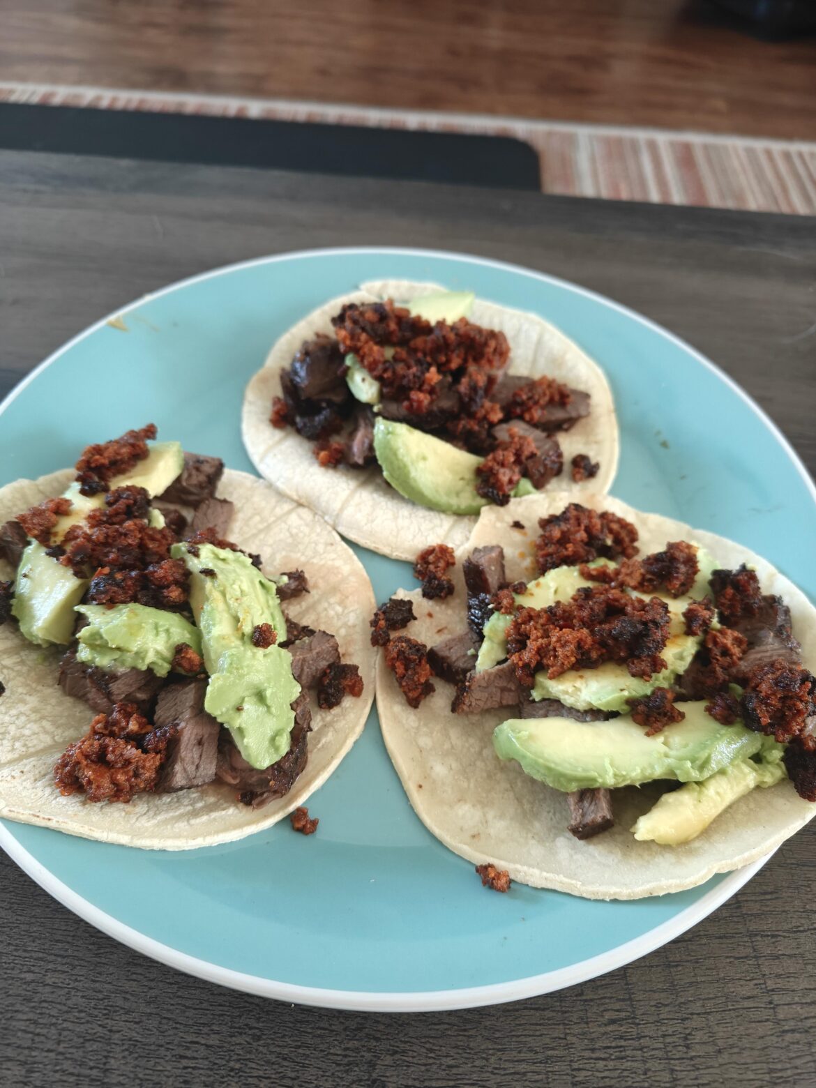 Homemade Sirloin + Avocado + Chorizo tacos