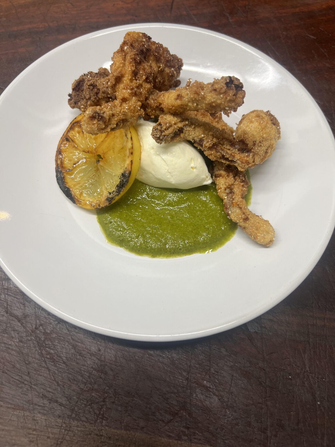 Buttermilk/masa breaded frog legs, chimichurri, red onion chantilly, grilled lemon