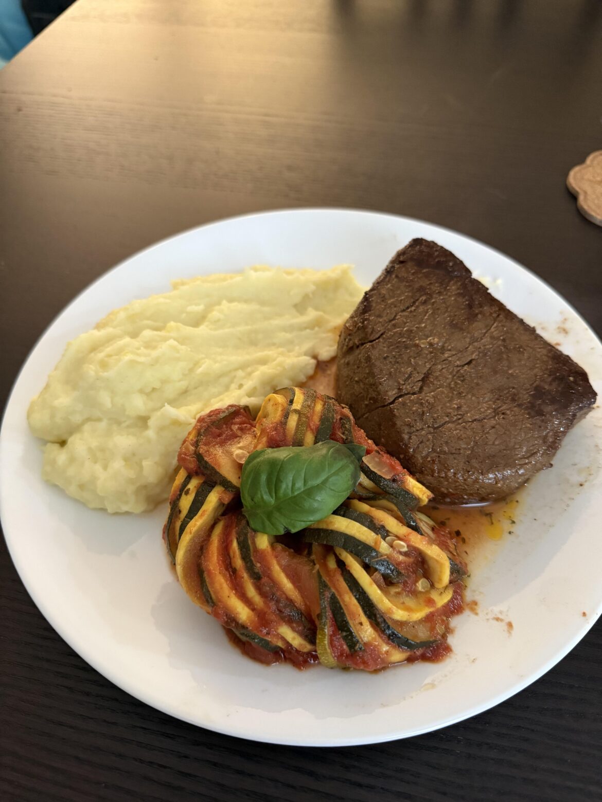 Mashed potatoes, ratatouille, and fillet mignon