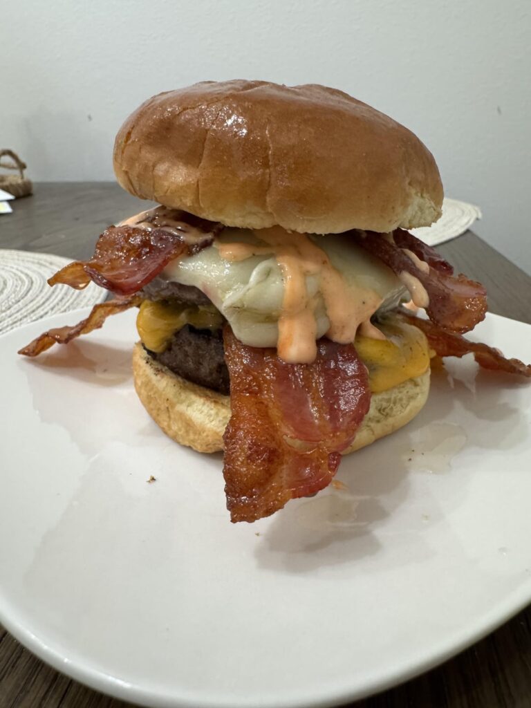 [Homemade] Tonight’s Burger: Two BBQ beef patties, with cheddar & pepper jack, and a Kewpie/Sriracha/Garlic aioli