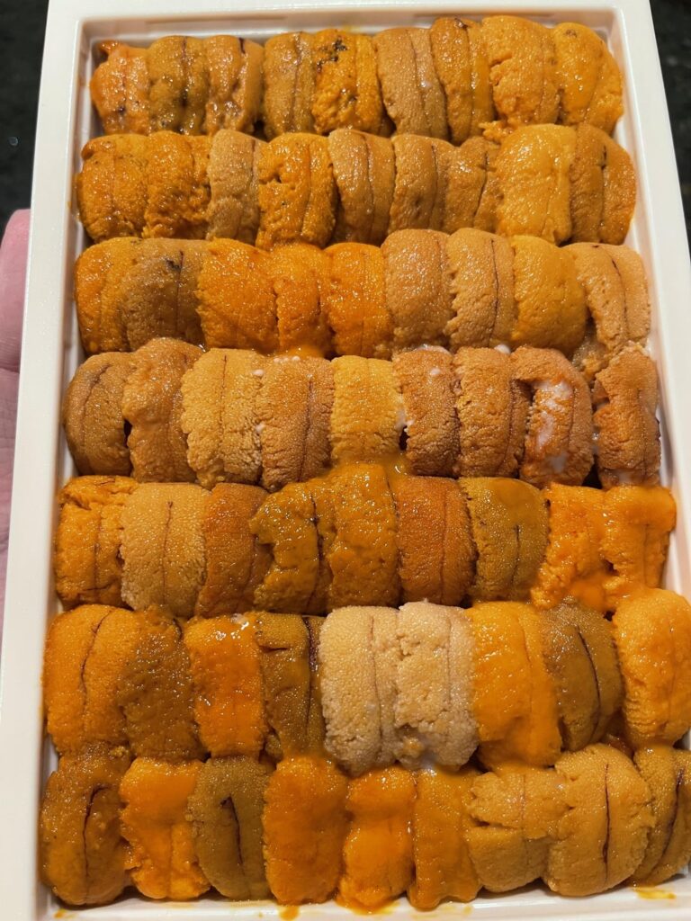 Uni, Hamach, and Ikura bowl I made w/ Hawaiian deep sea prawn sashimi, and fresh grated wasabi.