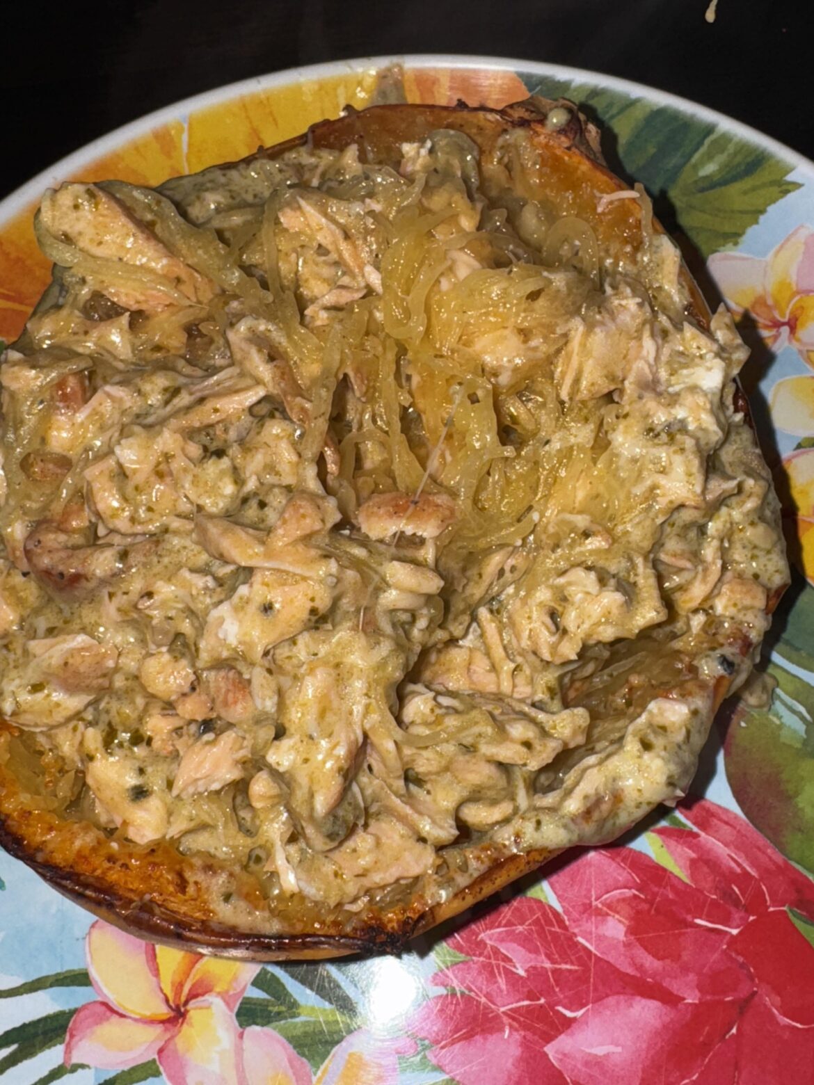 Spaghetti squash salmon pesto Alfredo