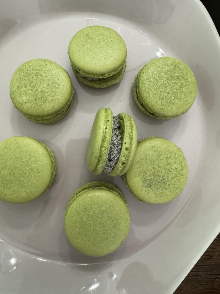 Matcha macarons with black sesame buttercream