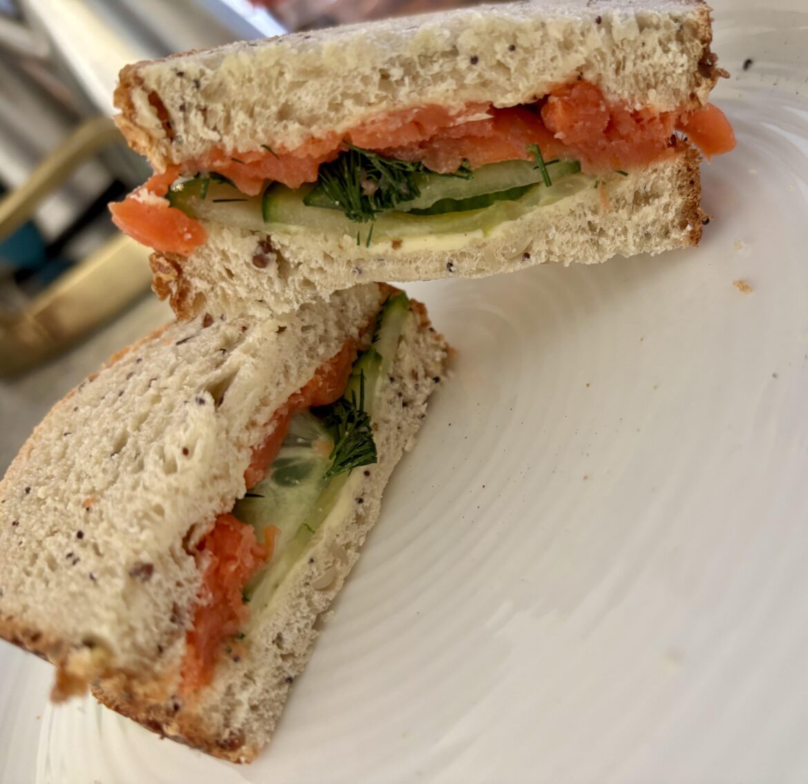 Seeded bread, butter, cucumber, dill, lox, tomato, cracked black pepper