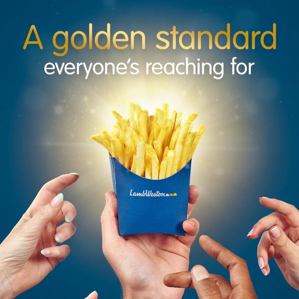 Carton of fries with "Lamb Weston" logo on the carton.