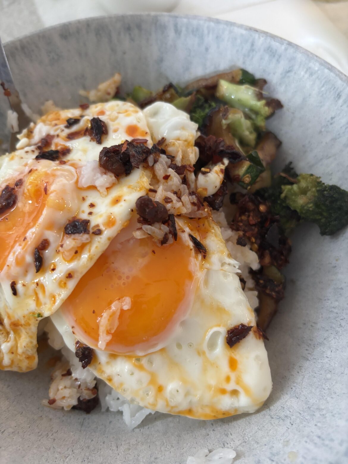 rice, eggs, chili crisp, veggies