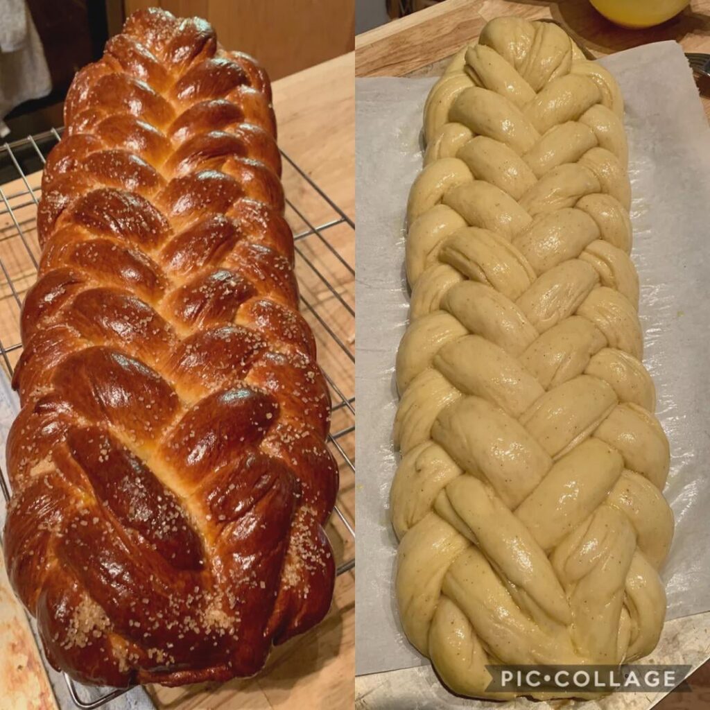 I love plaiting. This is my seven-strand challah.