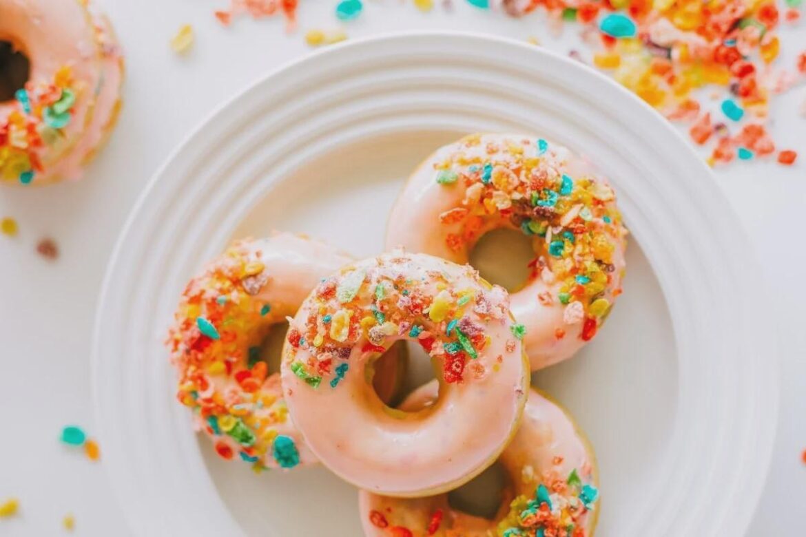 Fruity Pebbles Donuts with Vanilla Glaze