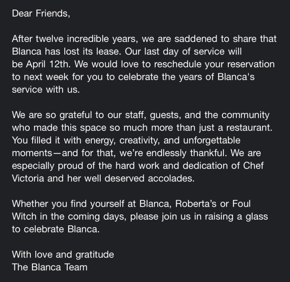 Blanca is closing (again)