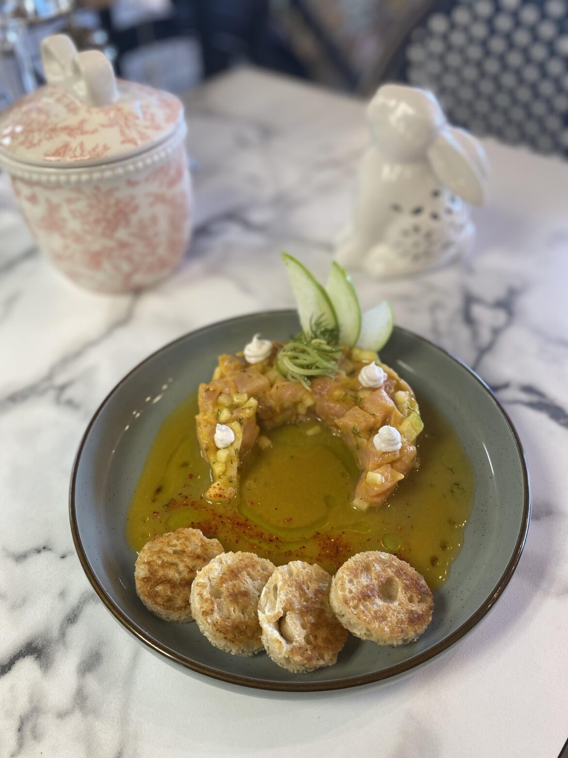 Salmon ceviche, Granny Smith apples, coconut cream, persimmon leche de tigre