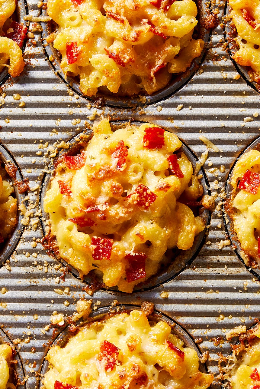 mac and cheese with pepperonis in a muffin tin shape