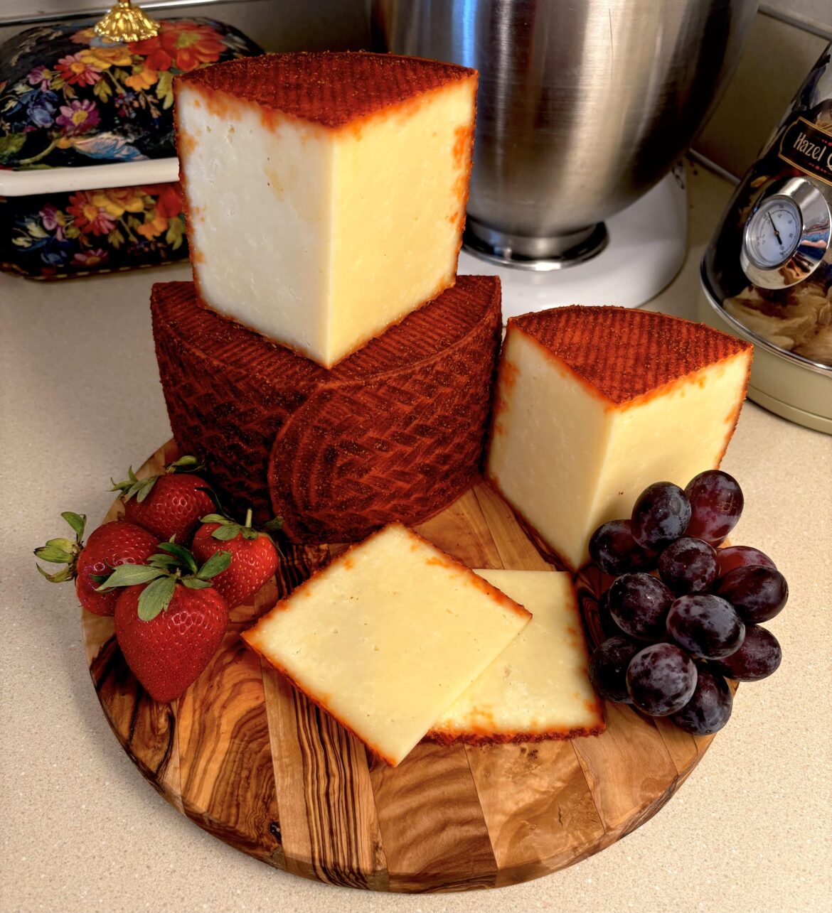 Homemade Cayenne and ghost pepper Iberico inspired cheese. Half goat and half cow milk.