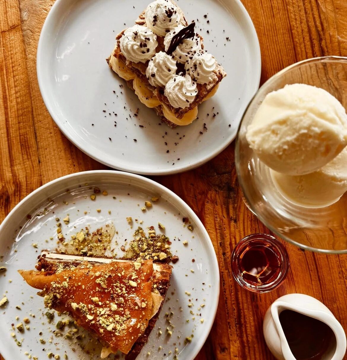 Pistachios, waffles and ice cream.