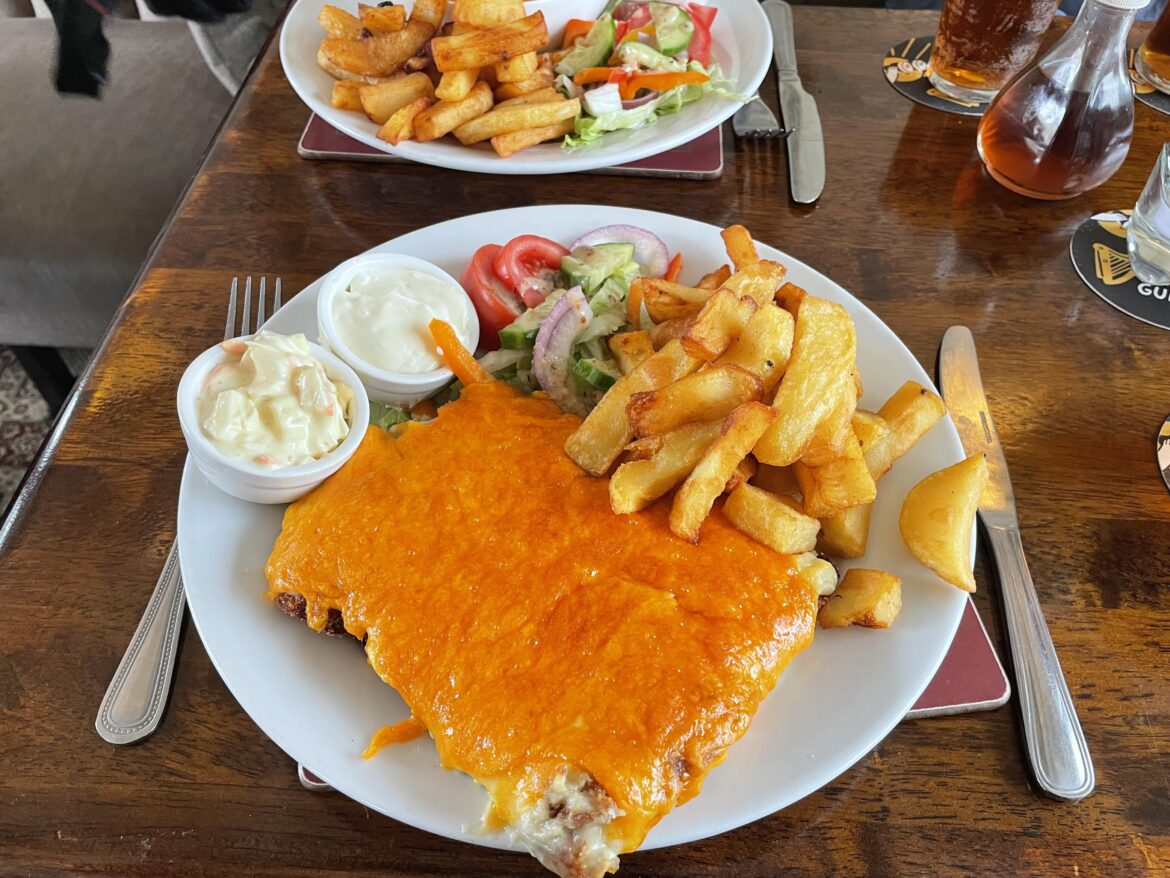 Parmo & Chips with Coleslaw, Garlic Sauce and Salad.