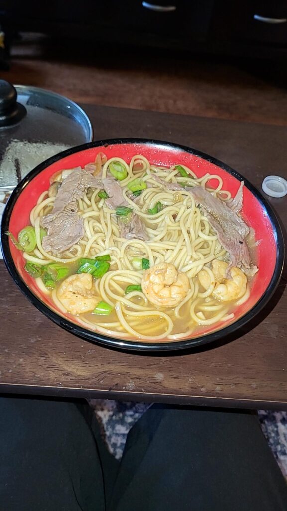 Surf and Turf Miso Ramen with Lo Mein noodles and homemade broth
