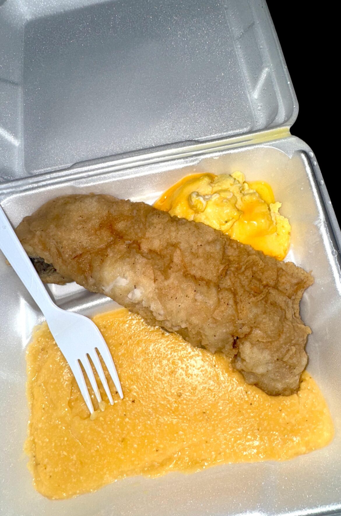 Fried fish, cheese eggs & cheese grits.