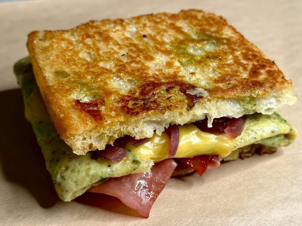 Mortadella, egg, and cheese breakfast sandwich on homemade focaccia