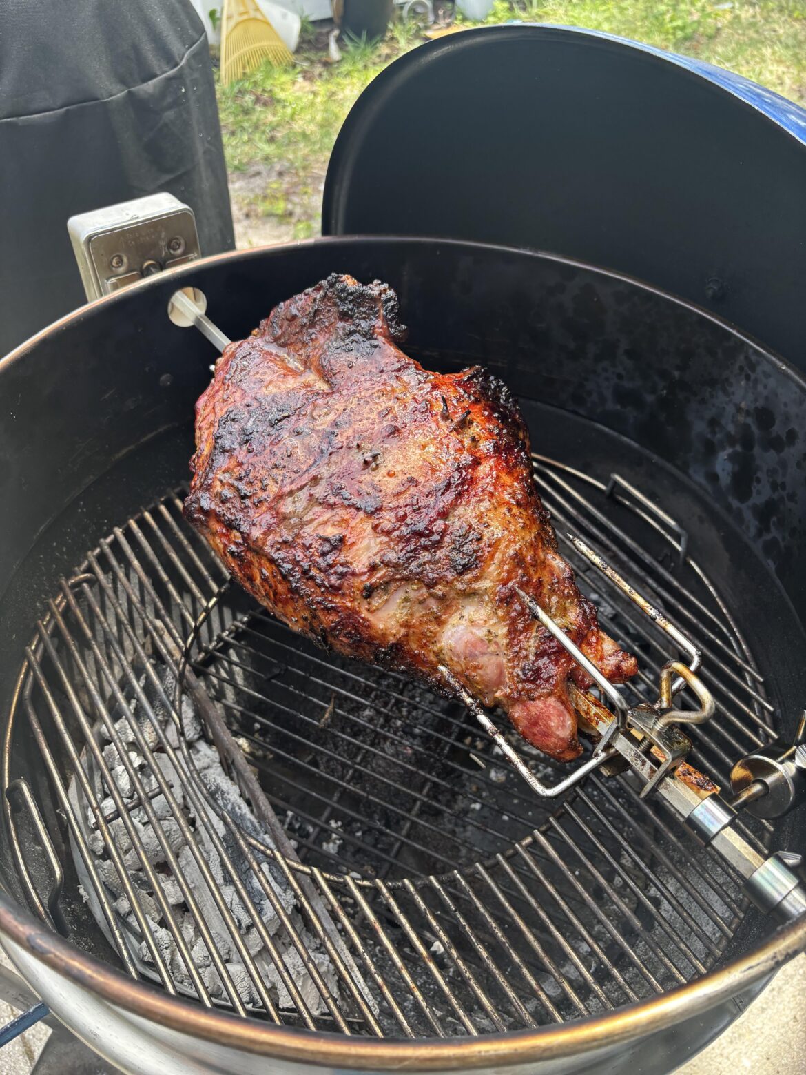 Greek rotisserie leg of lamb on the kettle