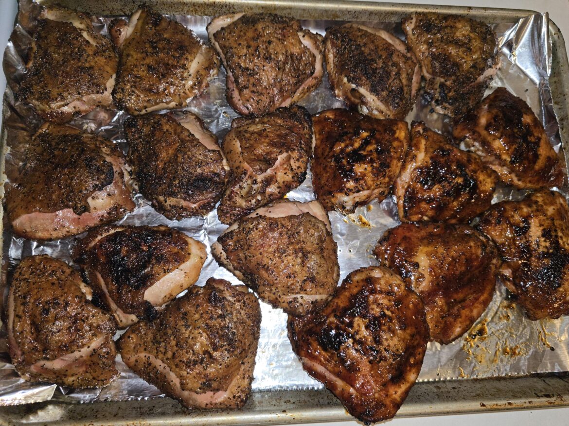 Smoked chicken thighs, our Favorite weeknight meal.