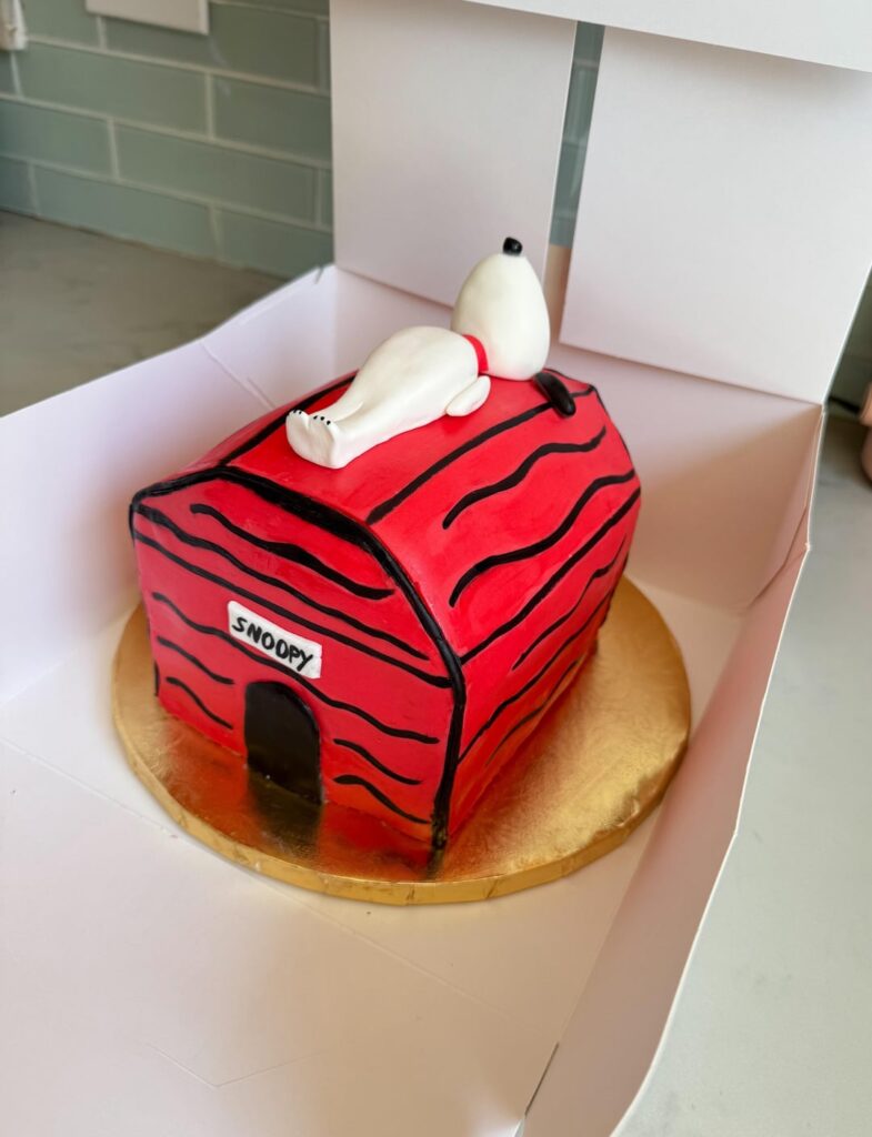 Snoopy Cake! First time covering a cake in fondant, it was… an experience 😬