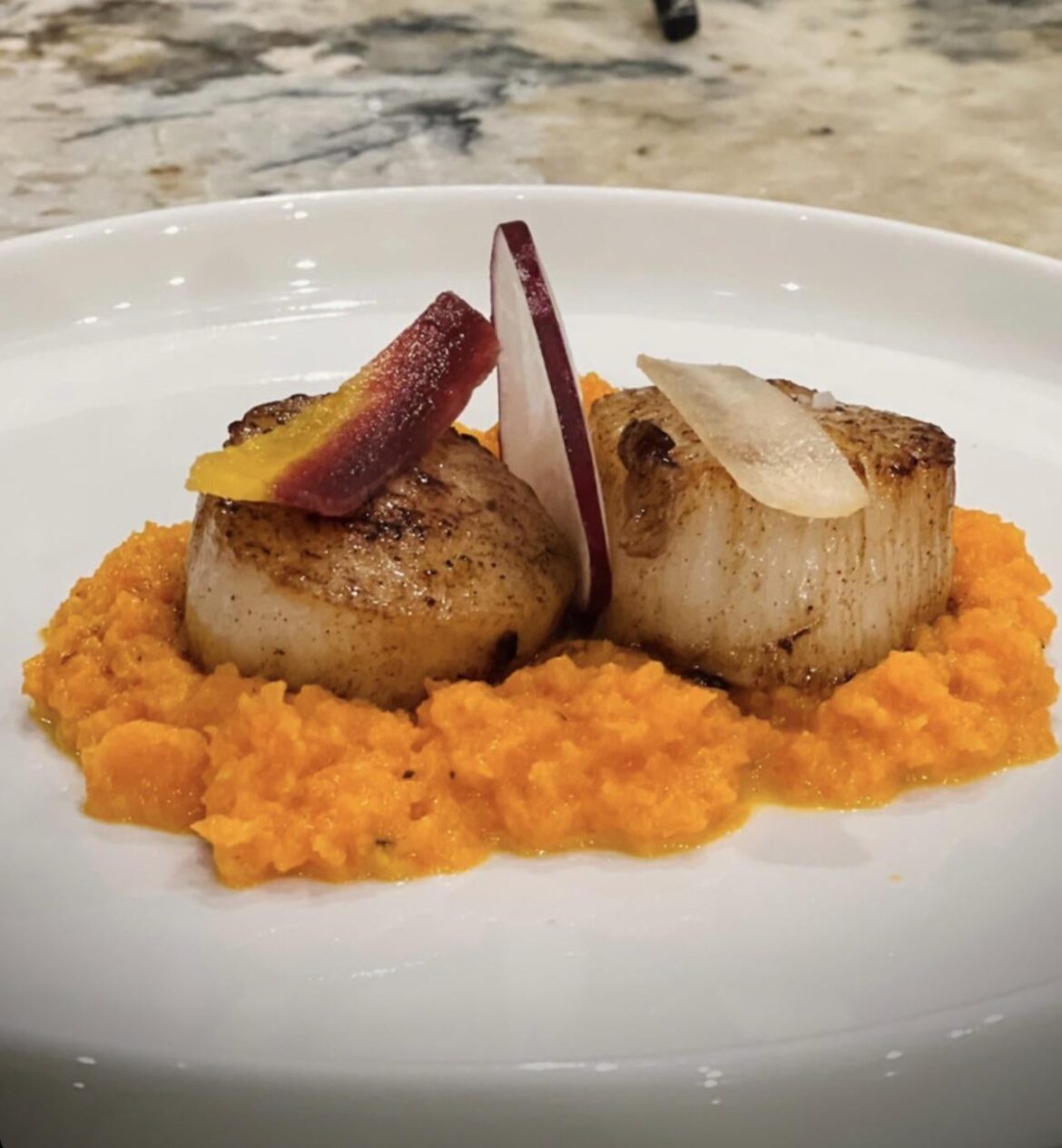 Scallops, carrot puree, and radish