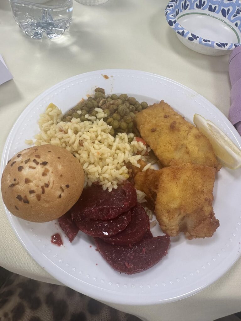fried cod, greek sweet peas, rice and a roll(before and after)