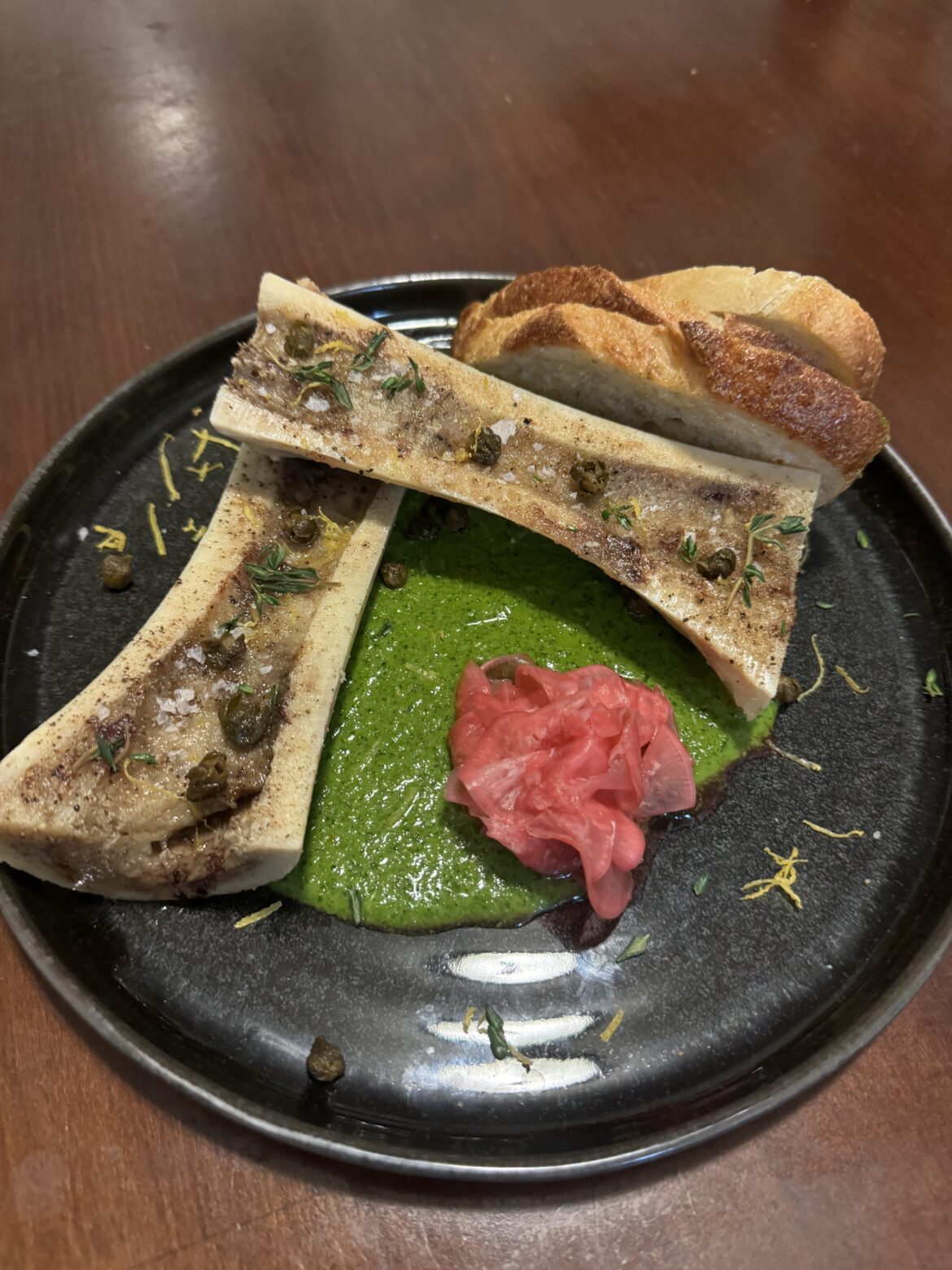 Roasted bone marrow with pickled radishes and radish green salsa verde Roasted bone marrow with pickled radishes and radish green salsa verde