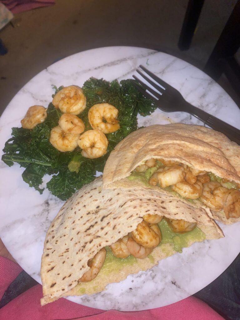 Shrimp Pita under 500 calories 56 grams of protein