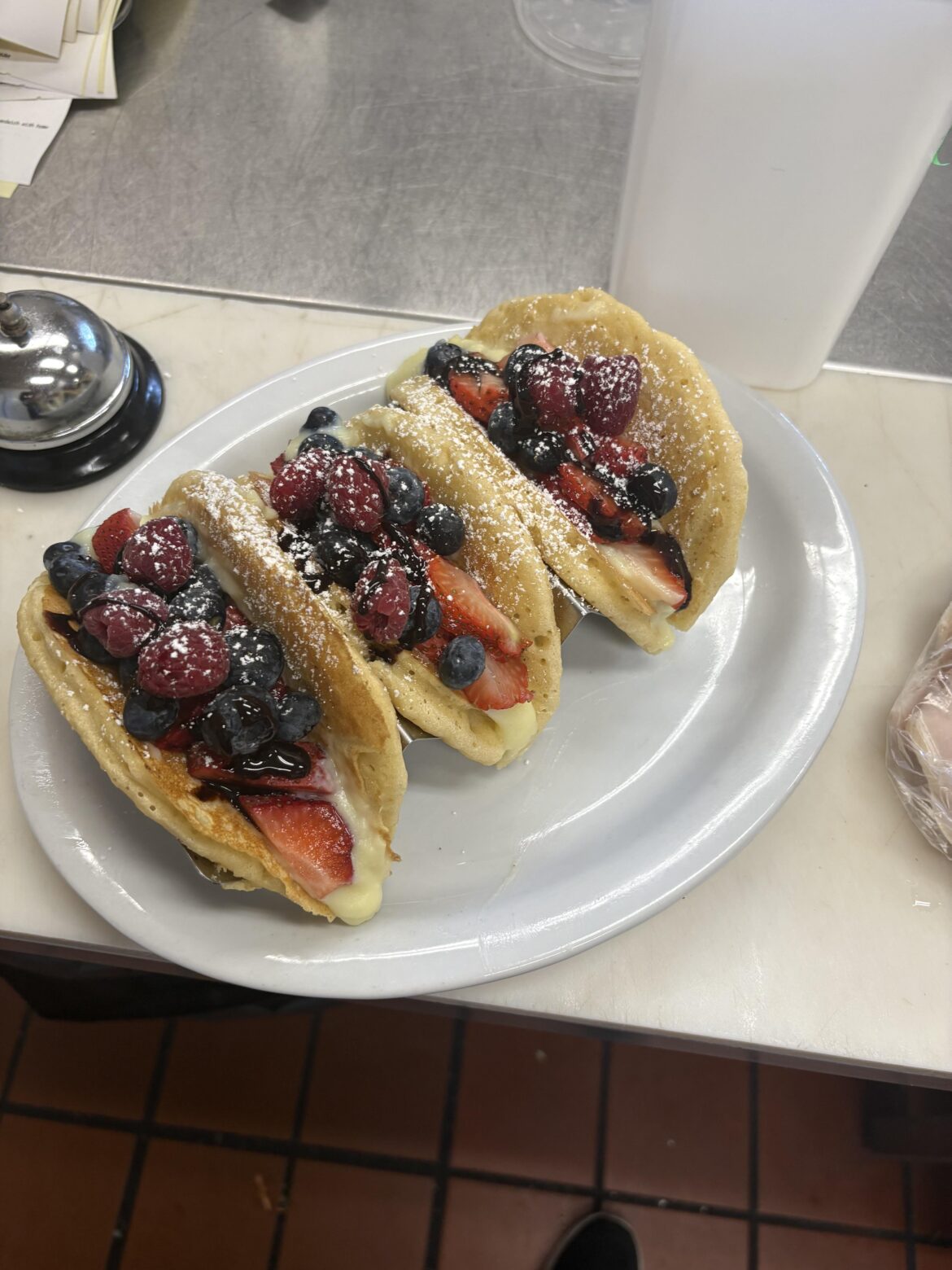I don’t often bring my phone out while on the line, but these pancake tacos I made couldn’t be sent out before I took a picture of my artwork.