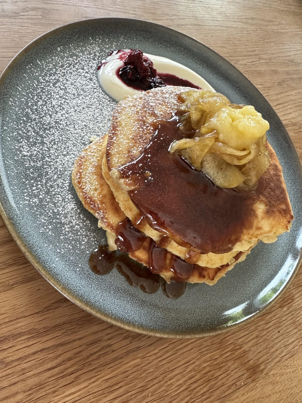 [OC] Pancakes with flambéed whiskey Apples & Miso-Maple-Butter
