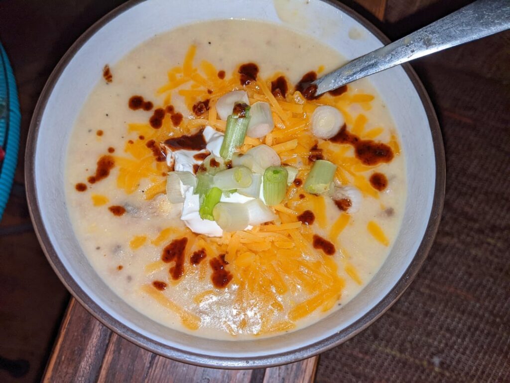 Made potato sausage soup in the slow cooker. My new hand blender vaporized the sausage and corn, too. 😂