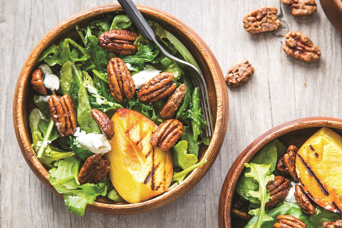 Grilled Peach Salad Recipe with Spiced Pecans and Dairy-Free "Goat Cheese"
