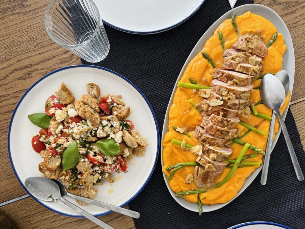 low temp pork tenderloin & pumpkin puree and goat cheese, tomato and basil crouton salad