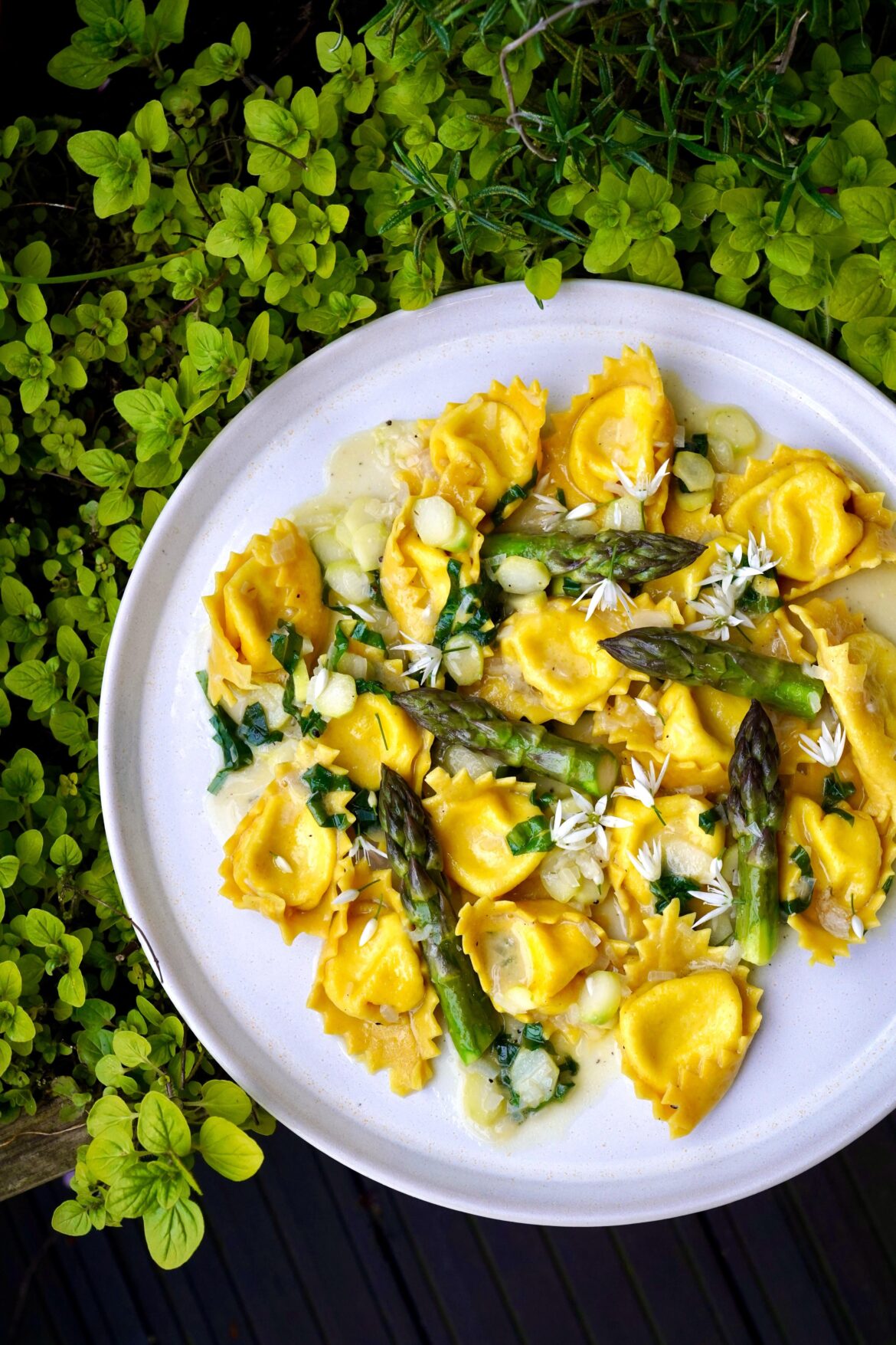 Goats’ Cheese Pansotti with English Asparagus and Wild Garlic.