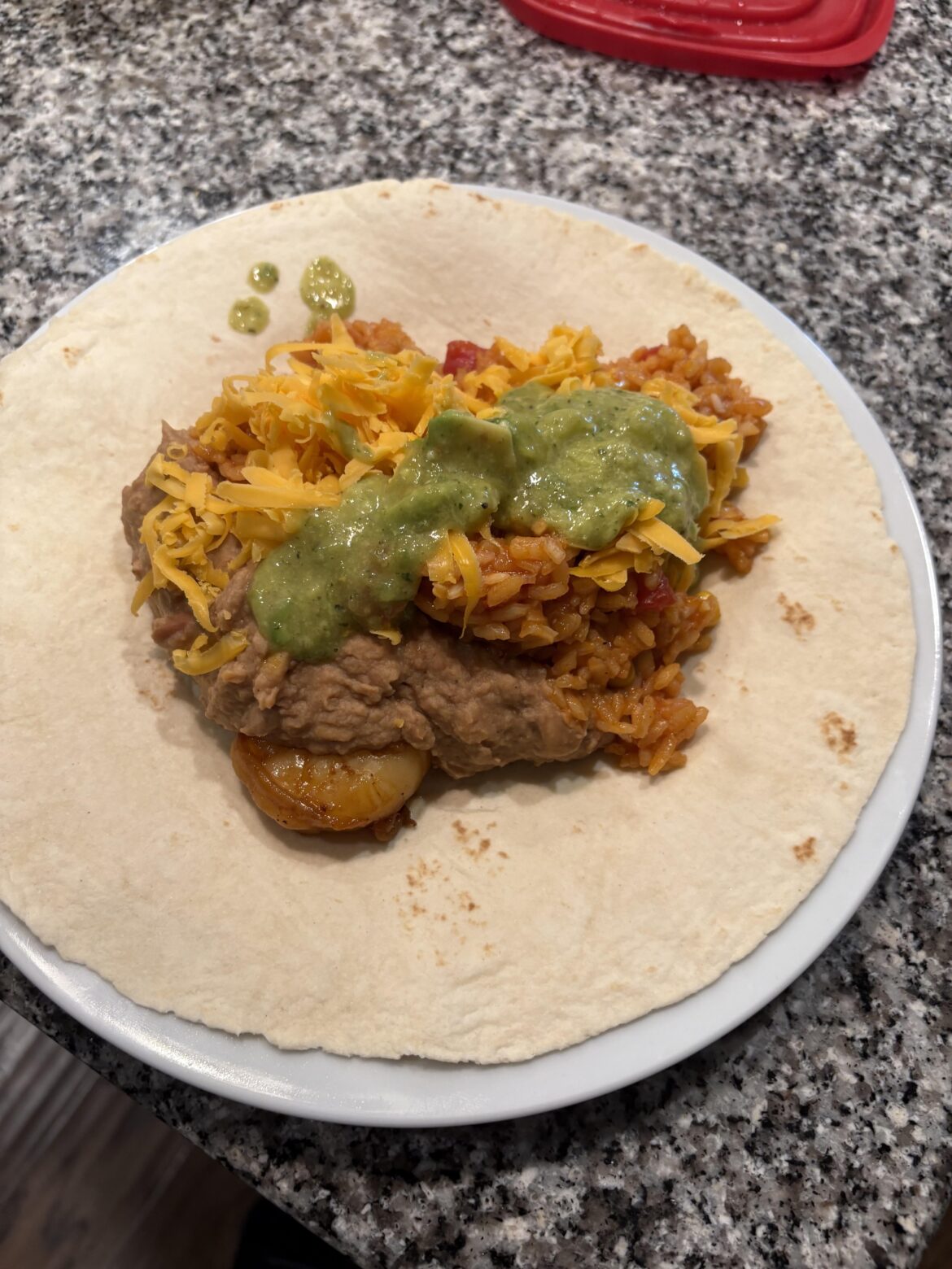Shrimp Fajita Burrito I made before bed. Homade salsa