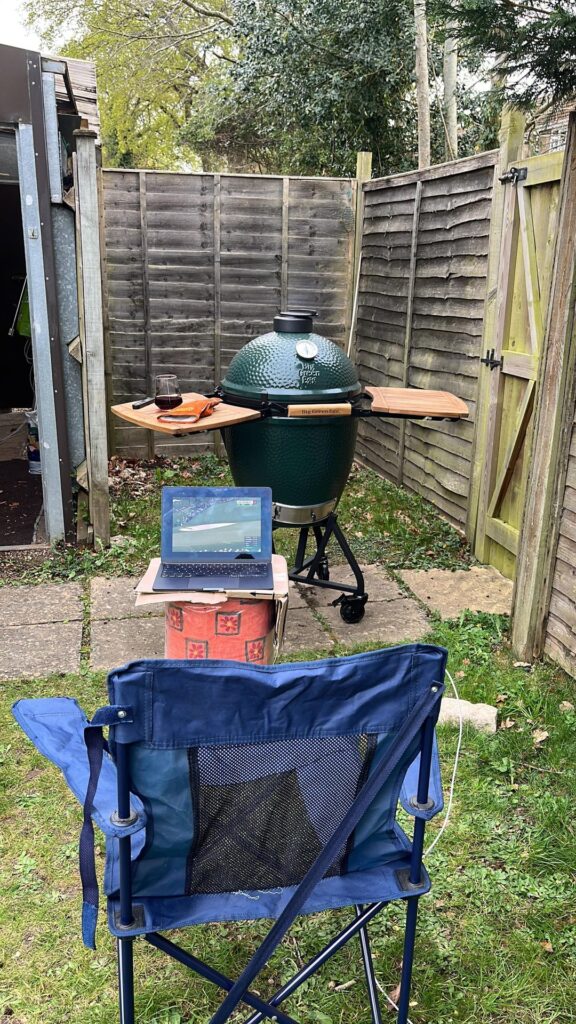 Roasting beef on egg watching the masters with a glass of wine.