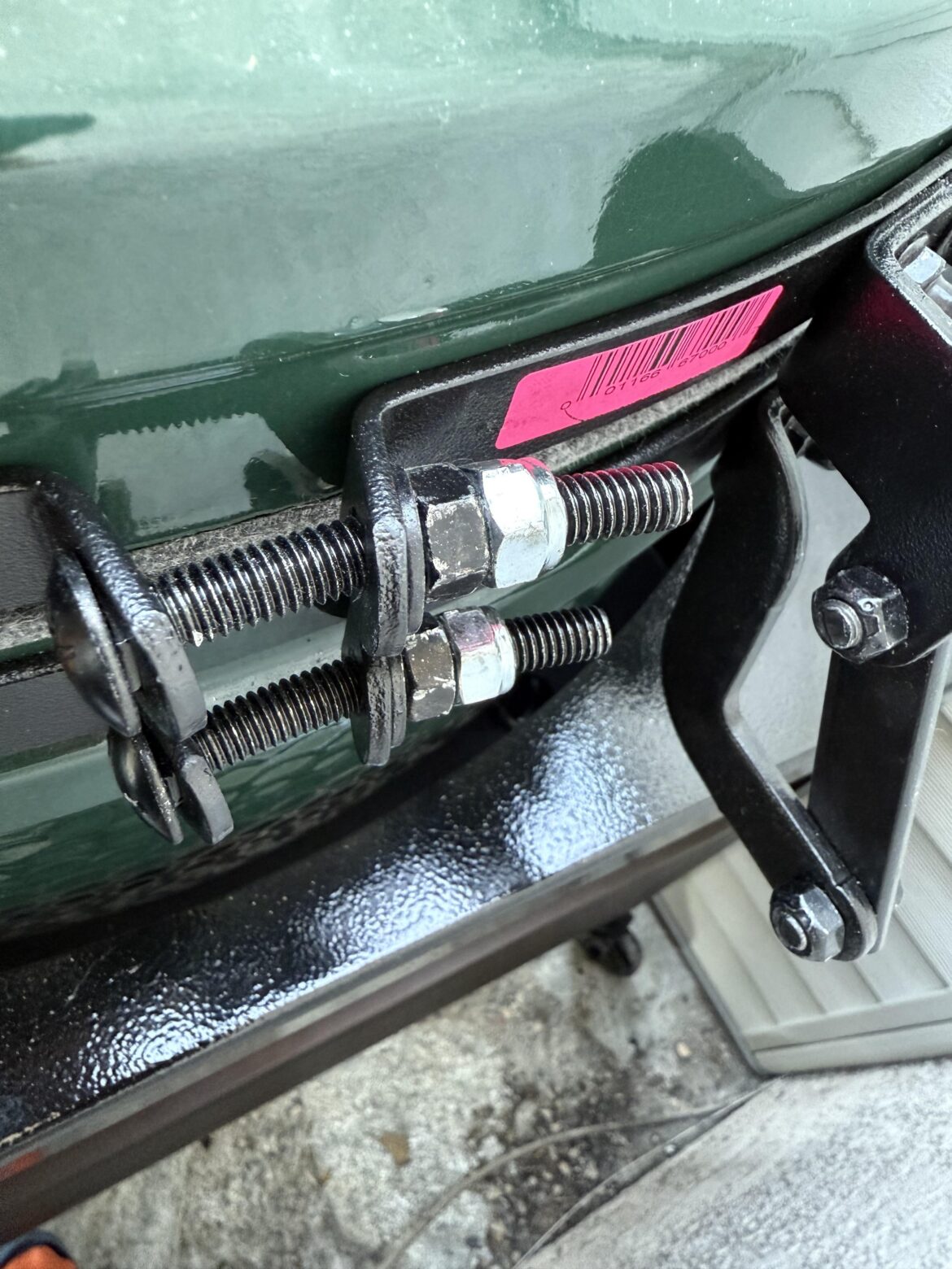 A tip for the new Eggers: get yourself a couple of 5/16-18 (coarse thread) nuts and double nut the band bolts.  It will keep them from loosening over time.