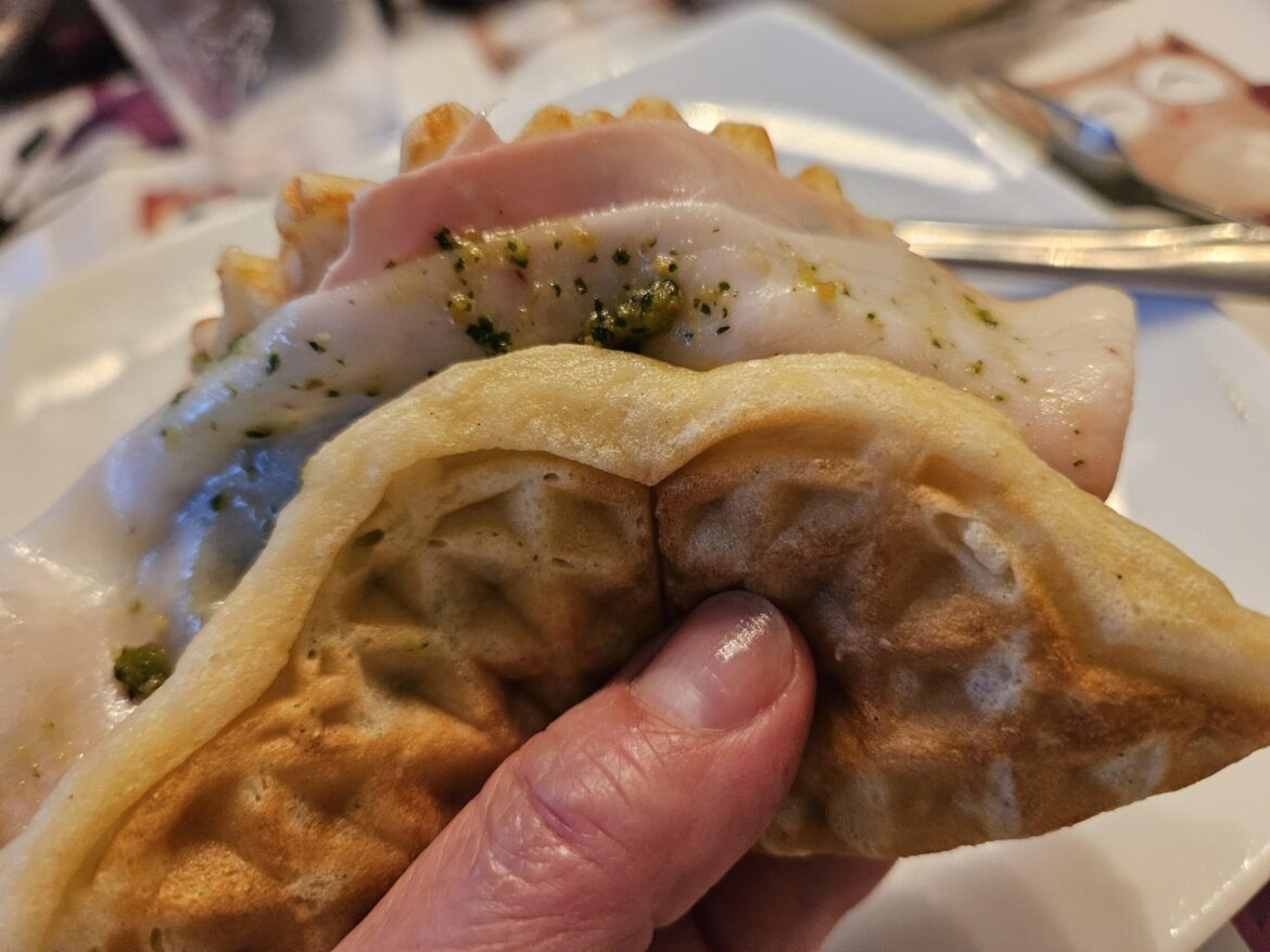 Norwegian waffle with pistachio pesto and prosciutto for dinner. I had another waffle with jam for dessert. Mmm, waffles...