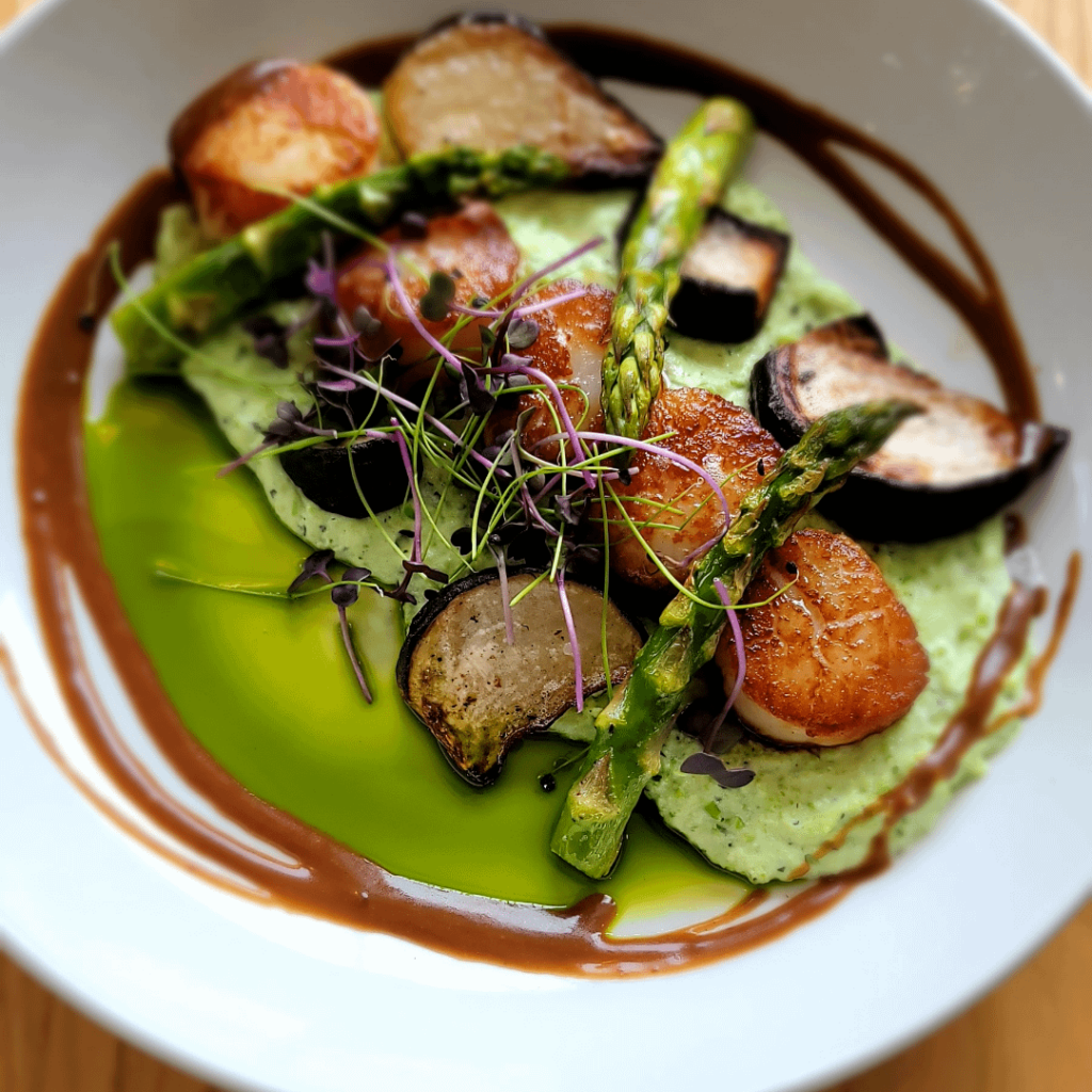 Scallop | roasted asp and black radish, sweet pea ricotta, black garlic balsamic emulsion