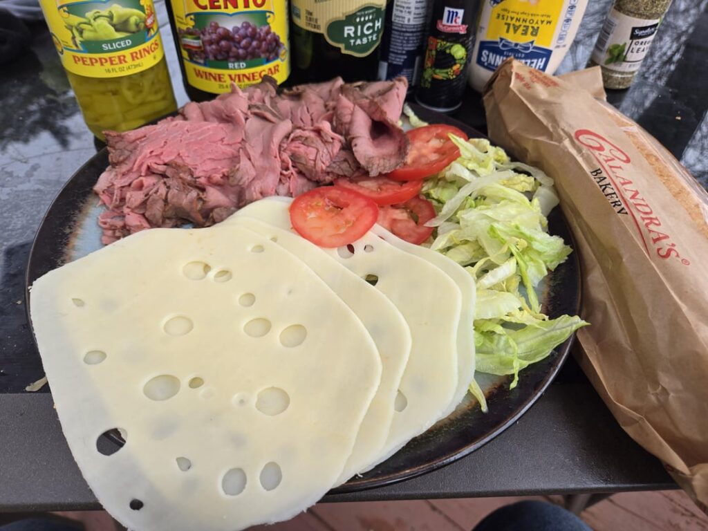 Todays lunch-roast beef and swiss w mayo, oil, vinegar and veggies came out good happy thursday!!!!