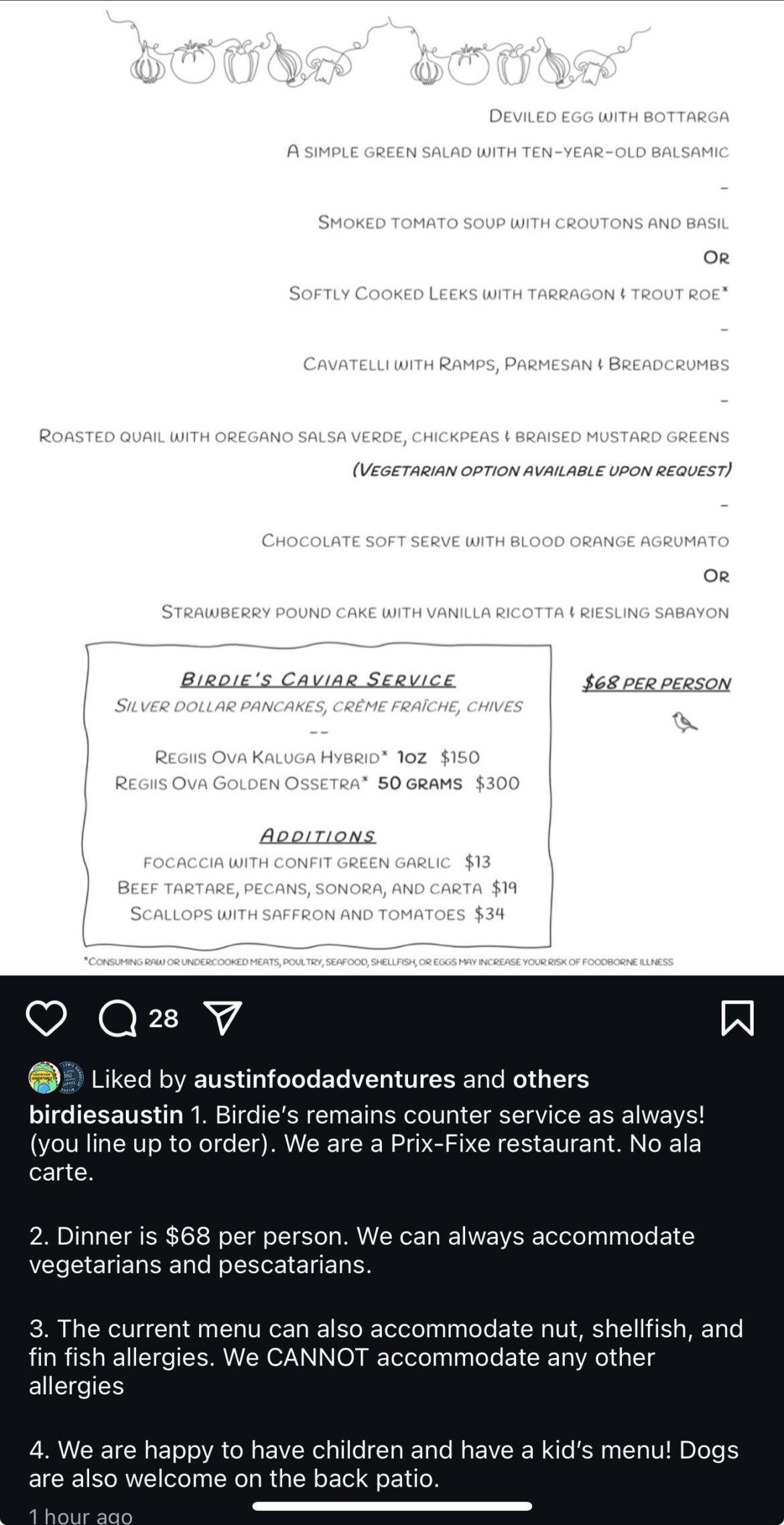 Birdies moves to Prix-Fixe only menu