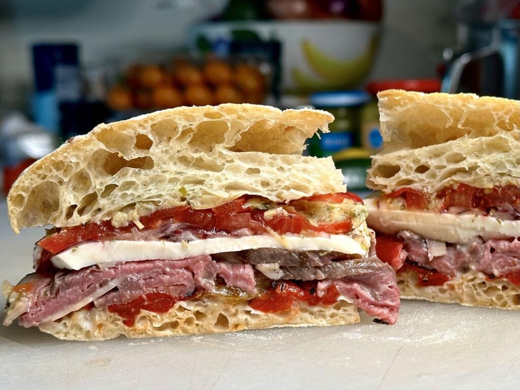 Roast beef and mozzarella on homemade ciabatta