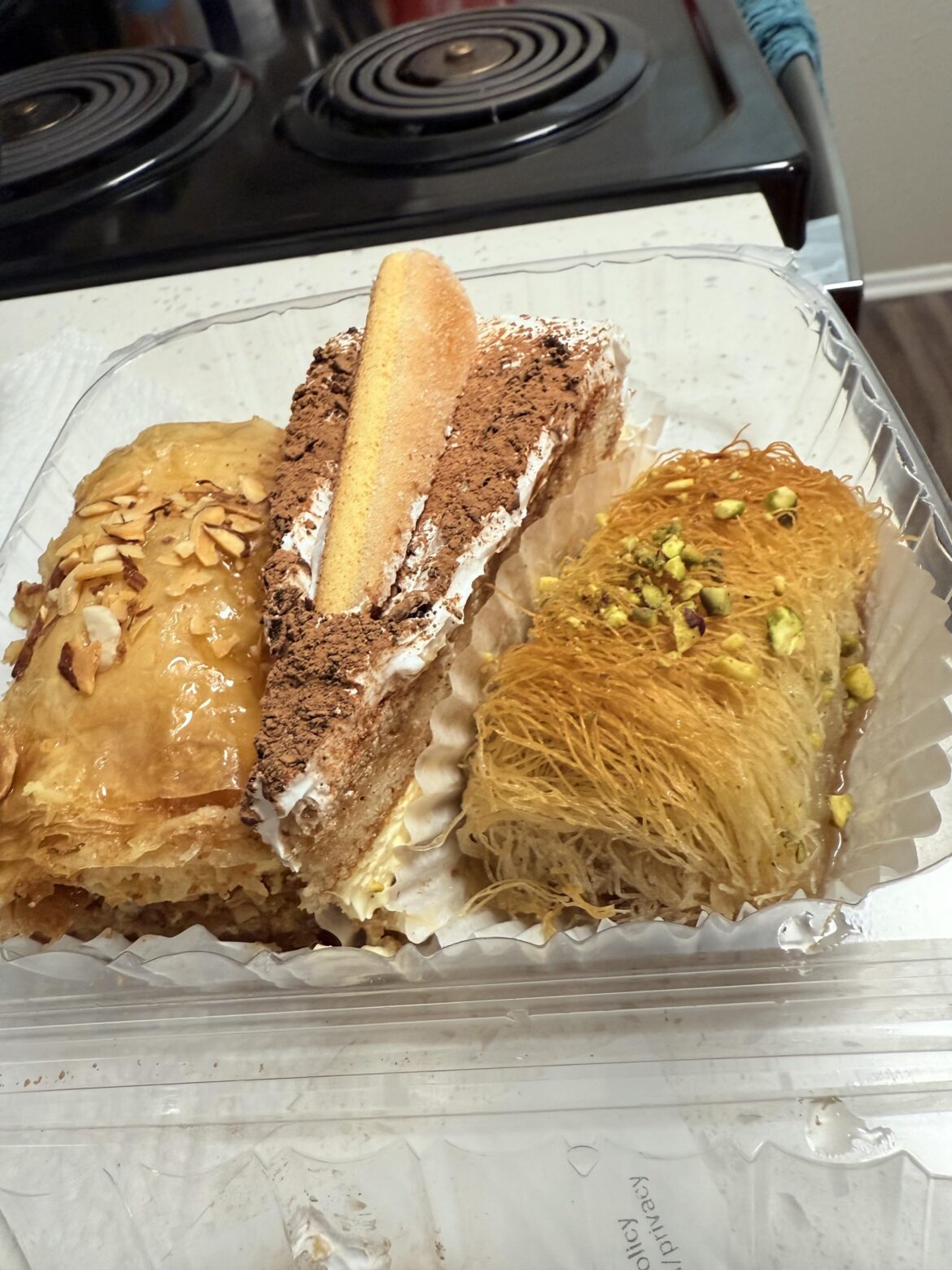 Local Greek pastry shop. Baklava cheesecake, tiramisu cheesecake and  Kataifi.
