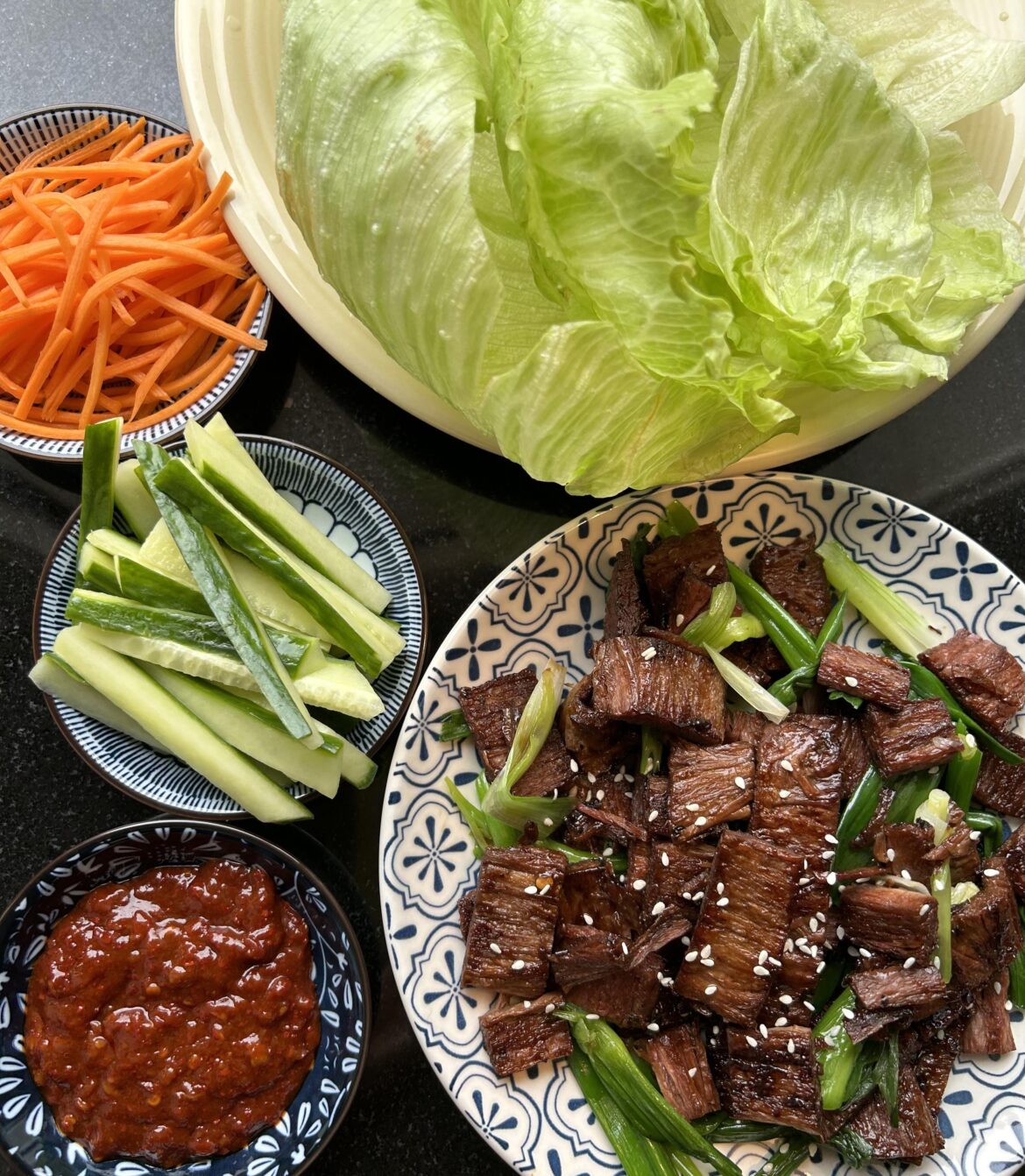 I made vegan Korean bbq lettuce wraps. 293 cal, 32 g protein per serving. (2 servings pictured)