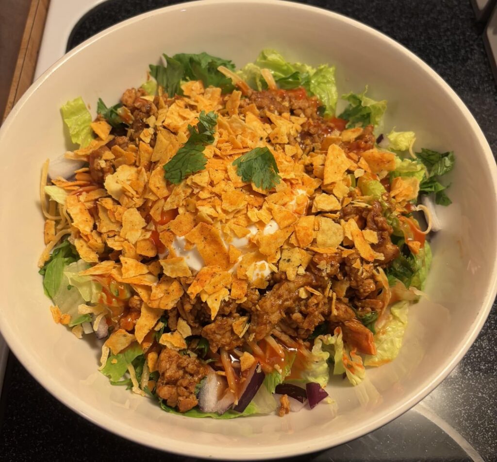 insane macros for this huge taco salad- 425 cals & over 70g of protein!