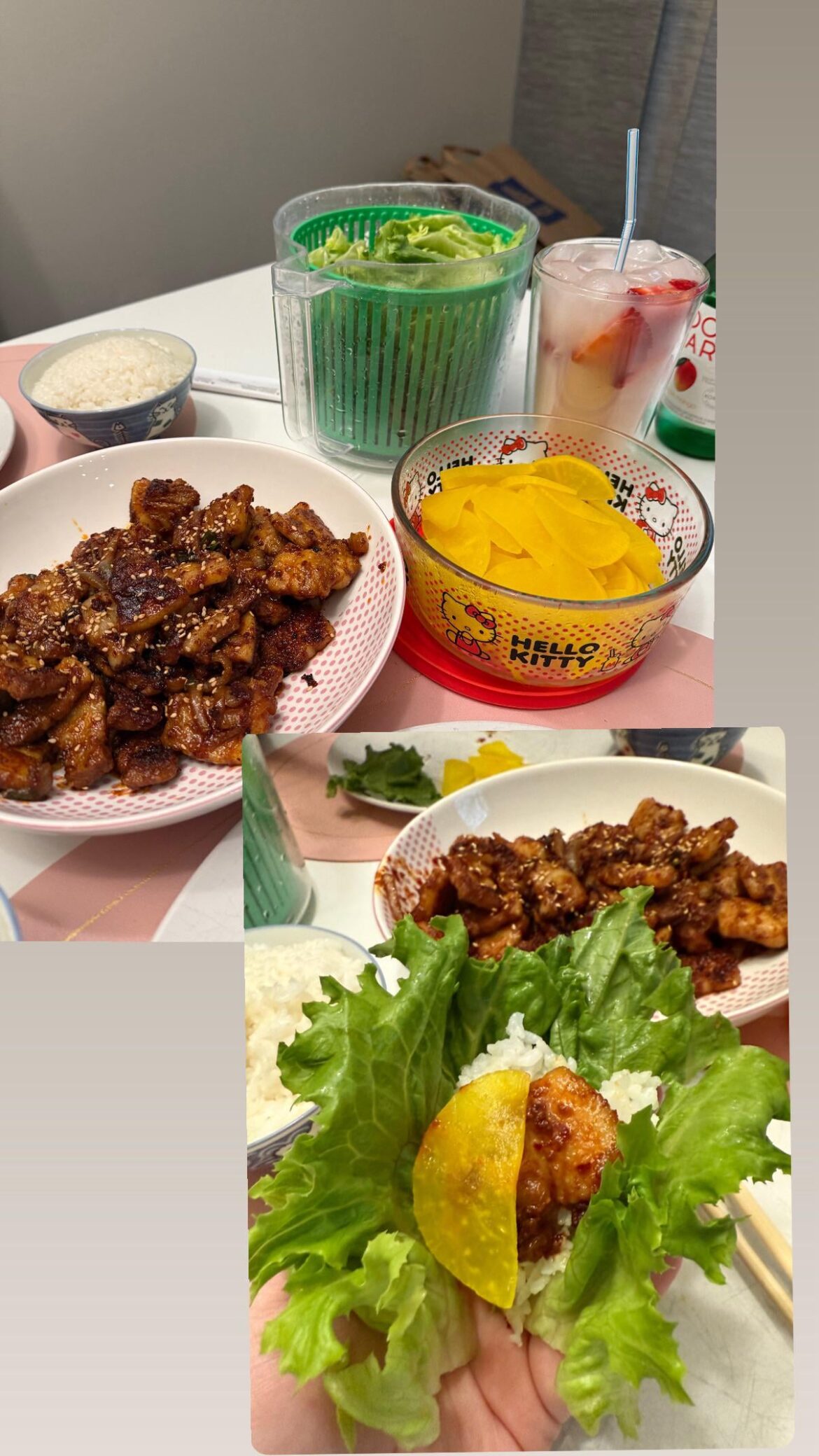 Jeyuk bokkeum, with soju-sprite-yakult cocktails